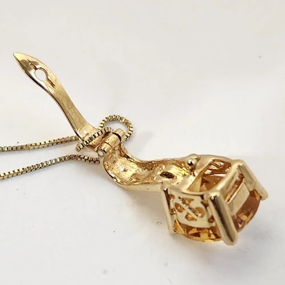 VTG Estate Older 14K Solid Gold Citrine & Diamond Open Bail Pendant & Chain - Picture 11 of 13